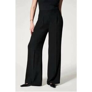 Spanx Carefree Crepe Pleated Trouser Pants Black Stretch Waist